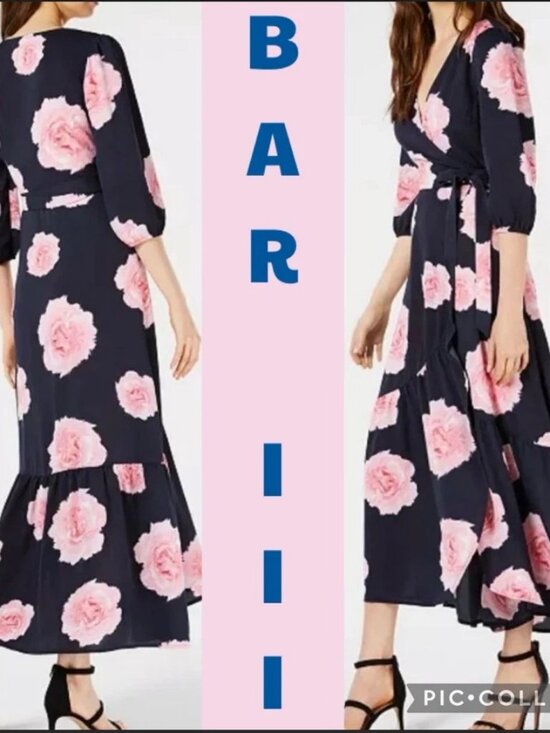 Bar III Dresses & Skirts - Floral Print Wrap Women's Dress-Bar III-Small Black Pink 3/4 Sleeve Beach Boho